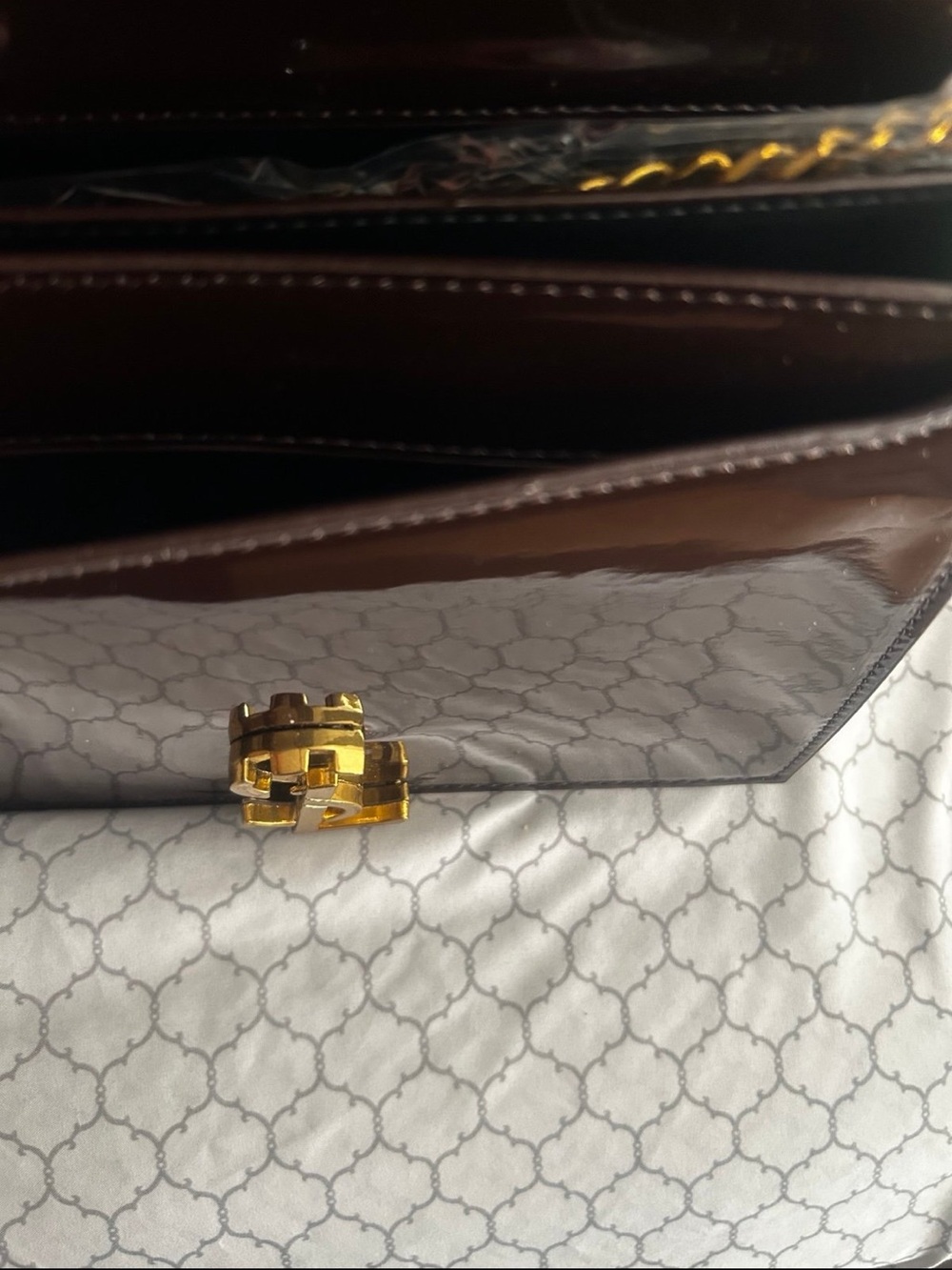 Brown Patent Envelope Shoulder Bag with Gold Chain - Picture 5 of 6